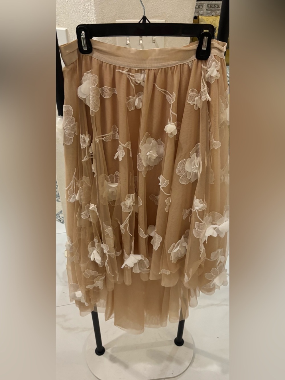 Anthropologie Beige High-Low Tulle Skirt with White Floral Appliqués